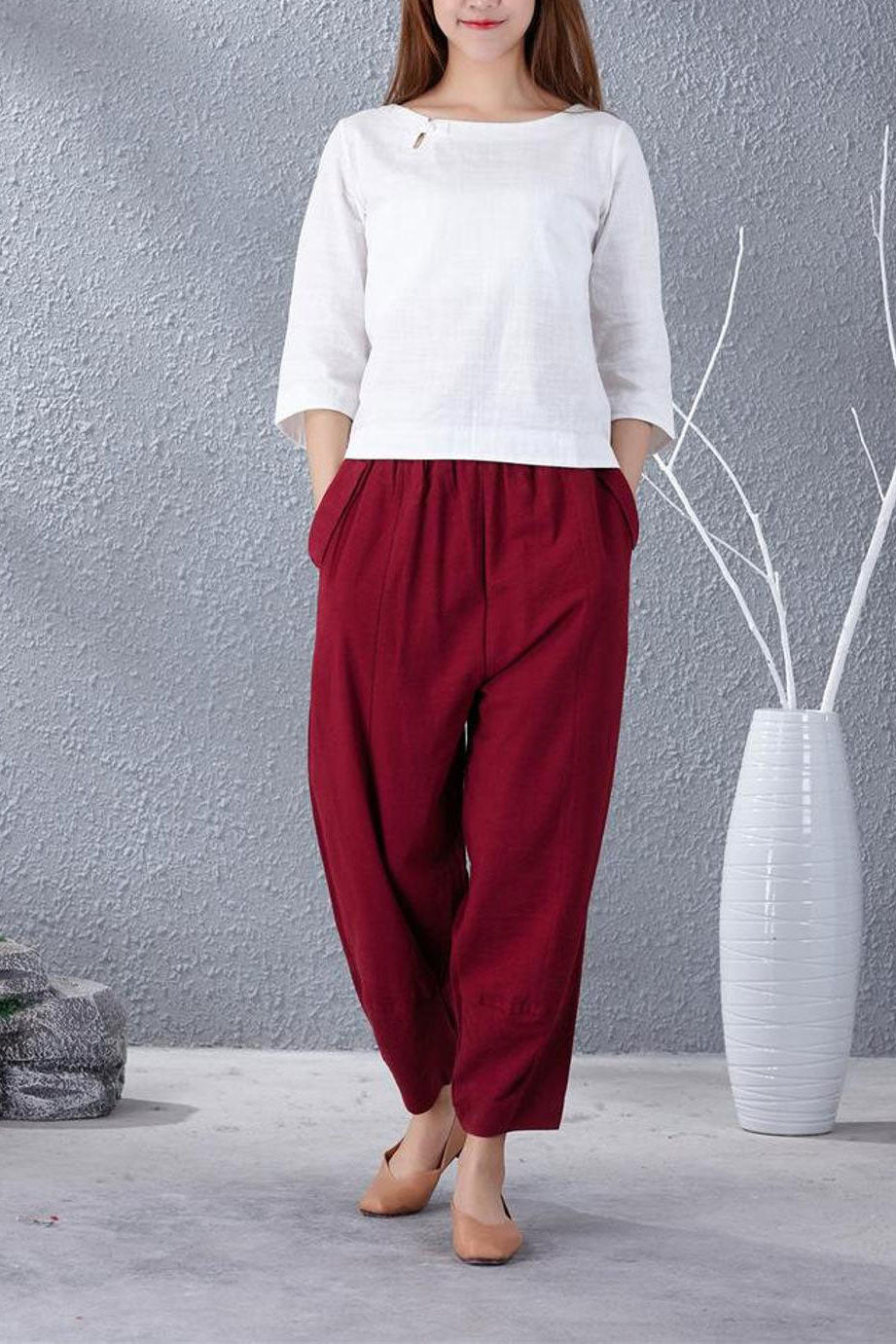Casual wild leg linen pants with elastic waist A007