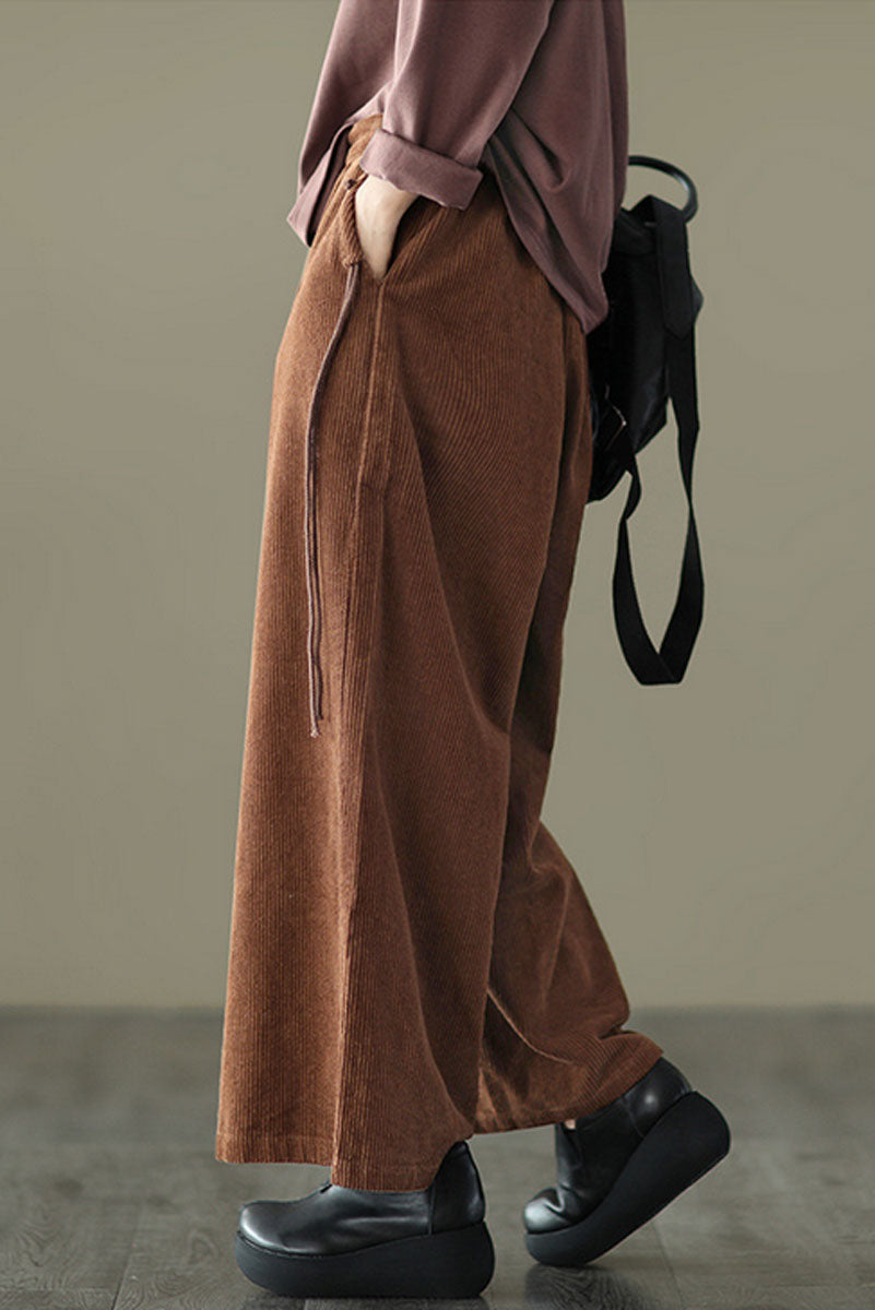 Brown Elastic Waist Wide Leg Corduroy Pants C2443