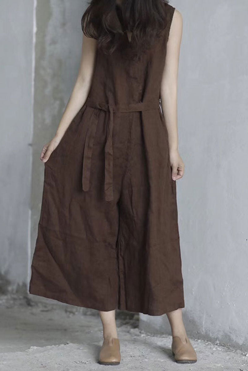 V Neck Black Linen Jumpsuits C2393