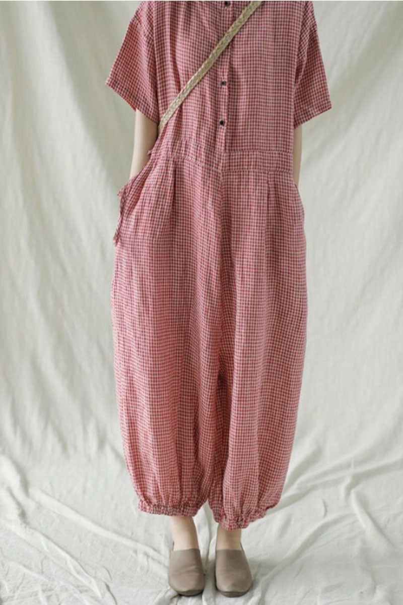 Casual Red Plaid Cotton Linen Jumpsuits C2377