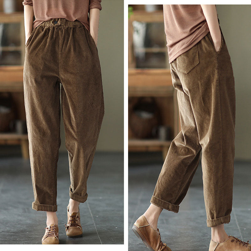 Coffee Color Elastic Waist Corduroy Pants C2440