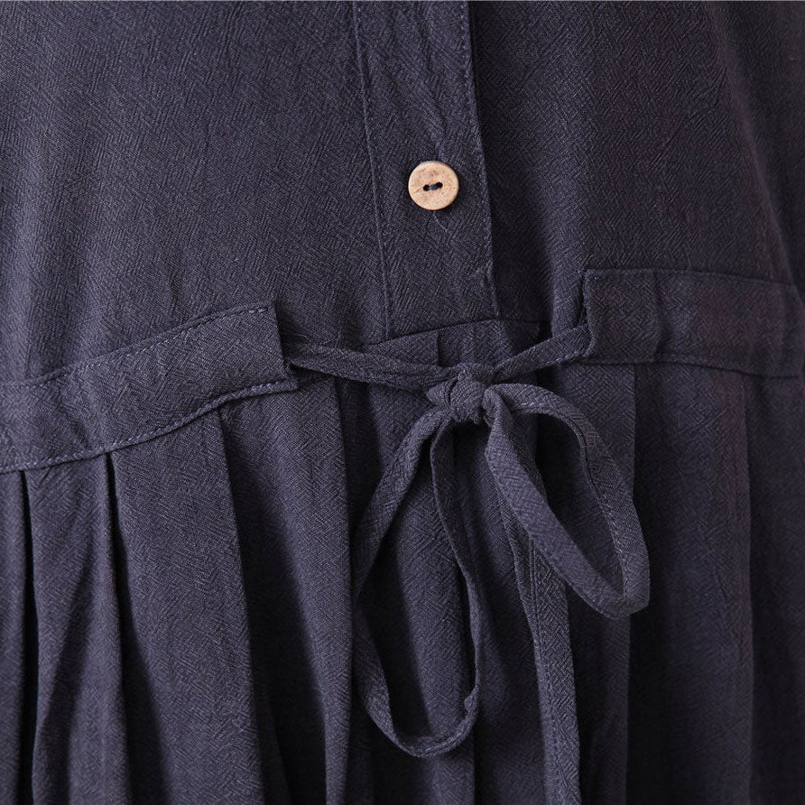 Navy Cotton Linen Midi Dress - V-Neck with Drawstring Waist A006