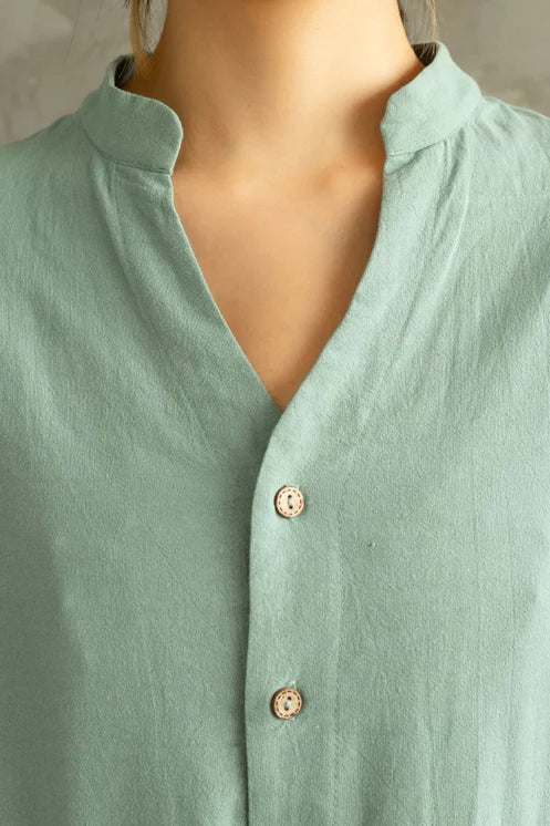 Light Green Linen Cotton Midi Dress - Drawstring Waist, Button-Up c2861