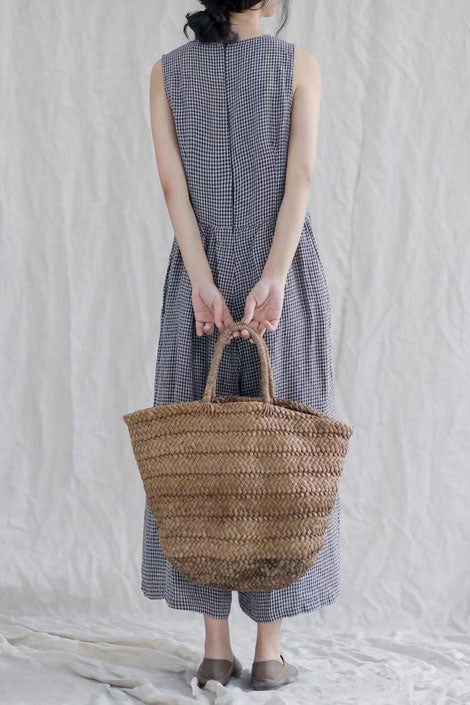 Casual Black Plaid Sleeveless Cotton Linen Jumpsuits C2379