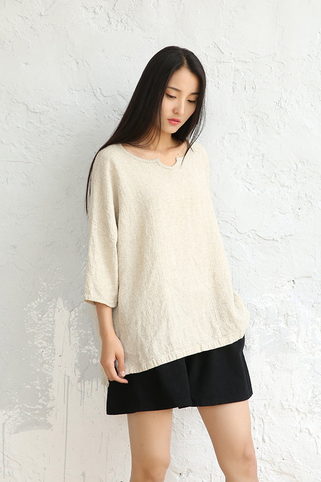 Khaki Cotton Linen Short Sleeve Tops C2828