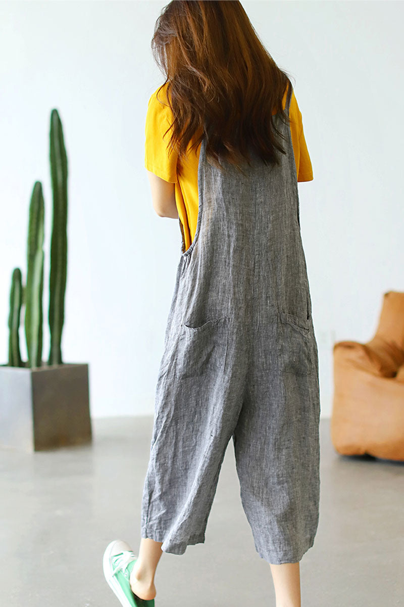 Casual Cropped Linen Jumpsuits in Gray C2389