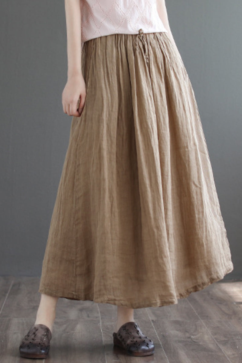 Brown Elastic Waist Linen Swing Skirt C190302