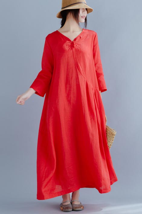 Red Linen Maxi Dress - Loose Waist with Three-Quarter Sleeves 190242