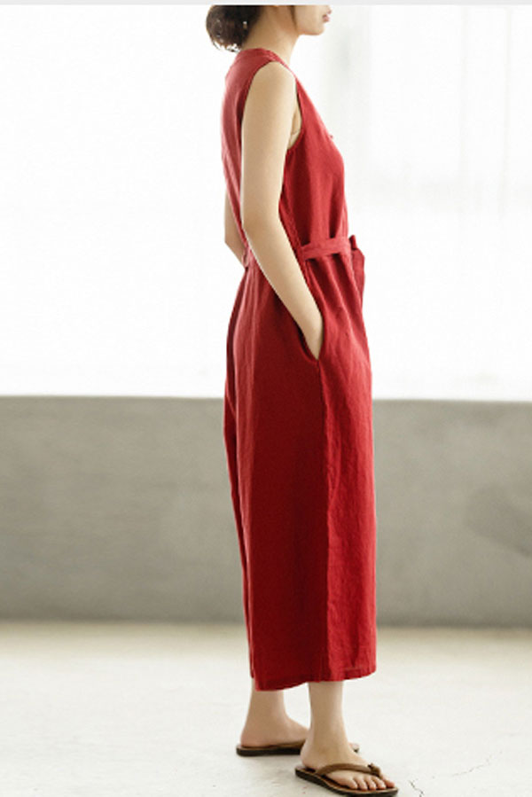 Deep V Neck Red Linen Jumpsuits C2394