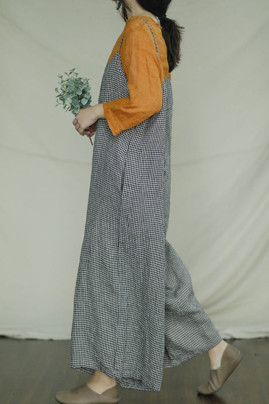 Black Plaid Linen Jumpsuit - Sleeveless Loose Fit with Side Pockets C2398
