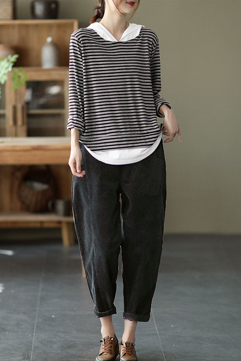 Black Elastic Waist Corduroy Pants C2439