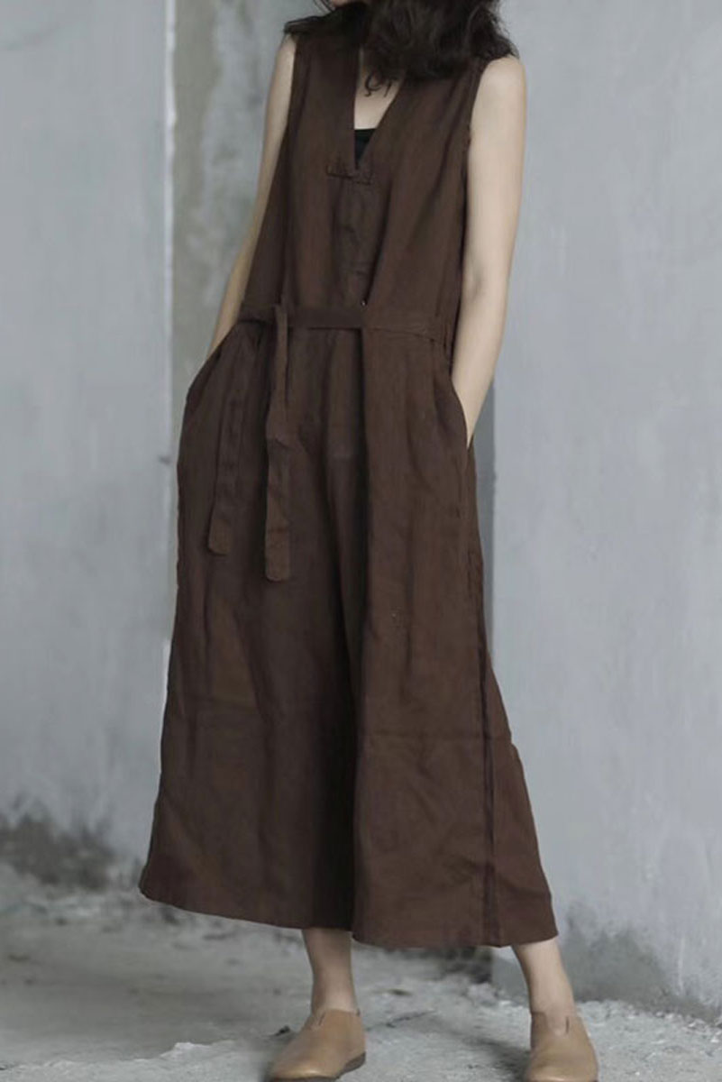 V Neck Black Linen Jumpsuits C2393