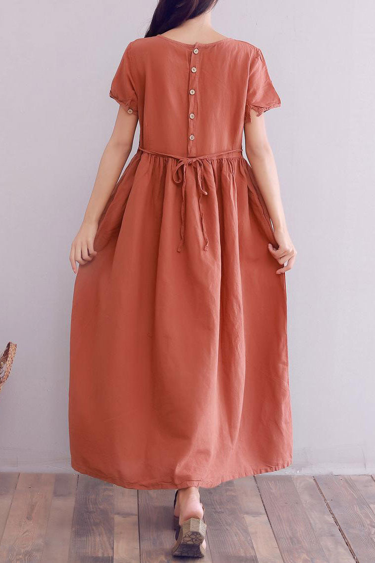 short sleeve loose fit linen maxi dress A008