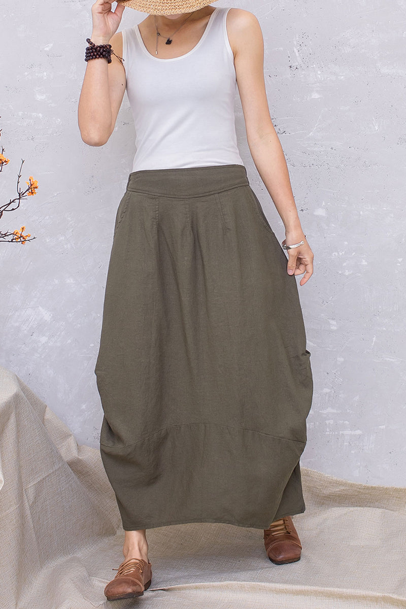 Army green Linen Maxi Summer Casual Long Skirt C2806 -#CK2201386