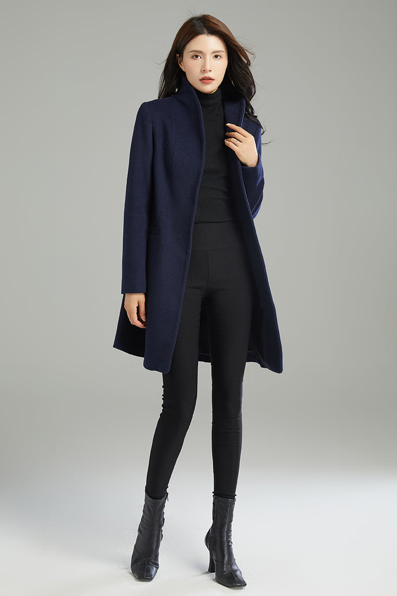 Women Navy Blue Wool Coat C2989#,Size 170-XS CK2202239