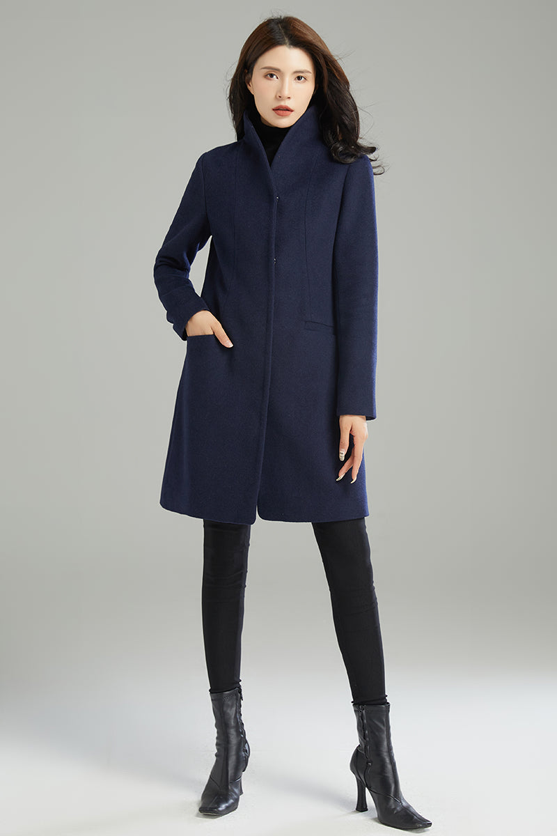 Women Navy Blue Wool Coat C2989#,Size 170-XS CK2202239