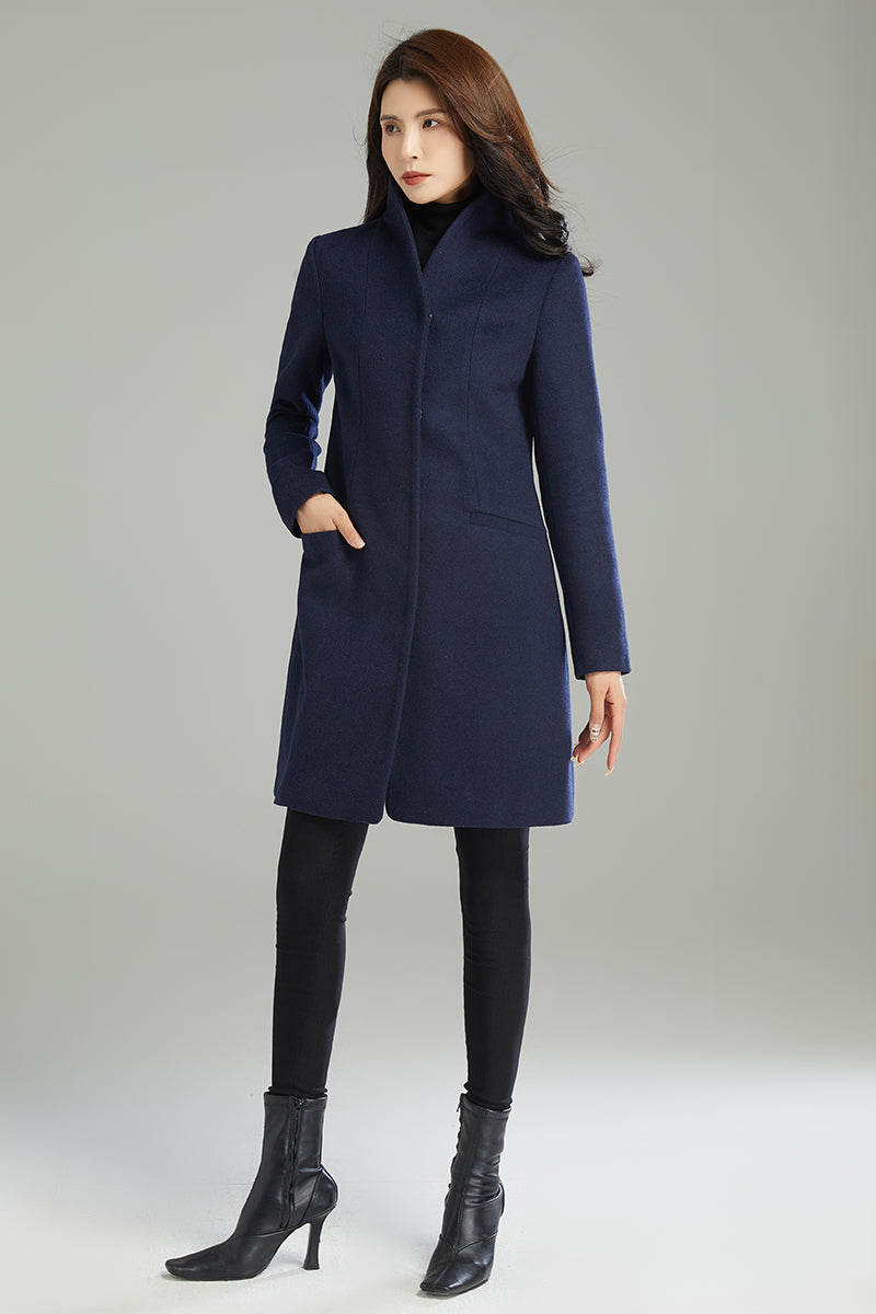 Women Navy Blue Wool Coat C2989#,Size 170-XS CK2202239