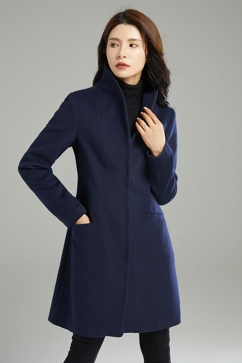 Women Navy Blue Wool Coat C2989#,Size 170-XS CK2202239