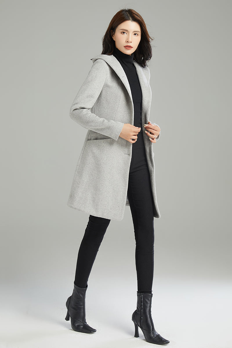 Winter Gray Hooded Wool Coat C2990