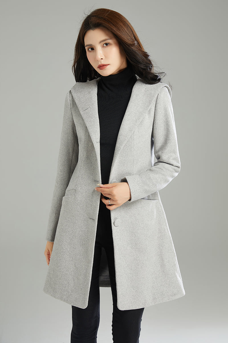 Winter Gray Hooded Wool Coat C2990