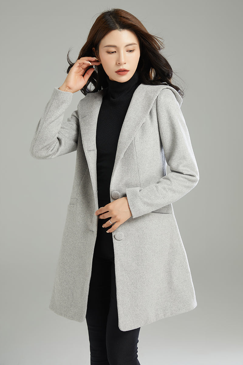 Winter Gray Hooded Wool Coat C2990
