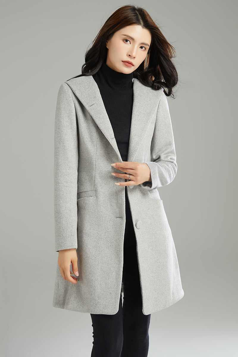 Winter Gray Hooded Wool Coat C2990