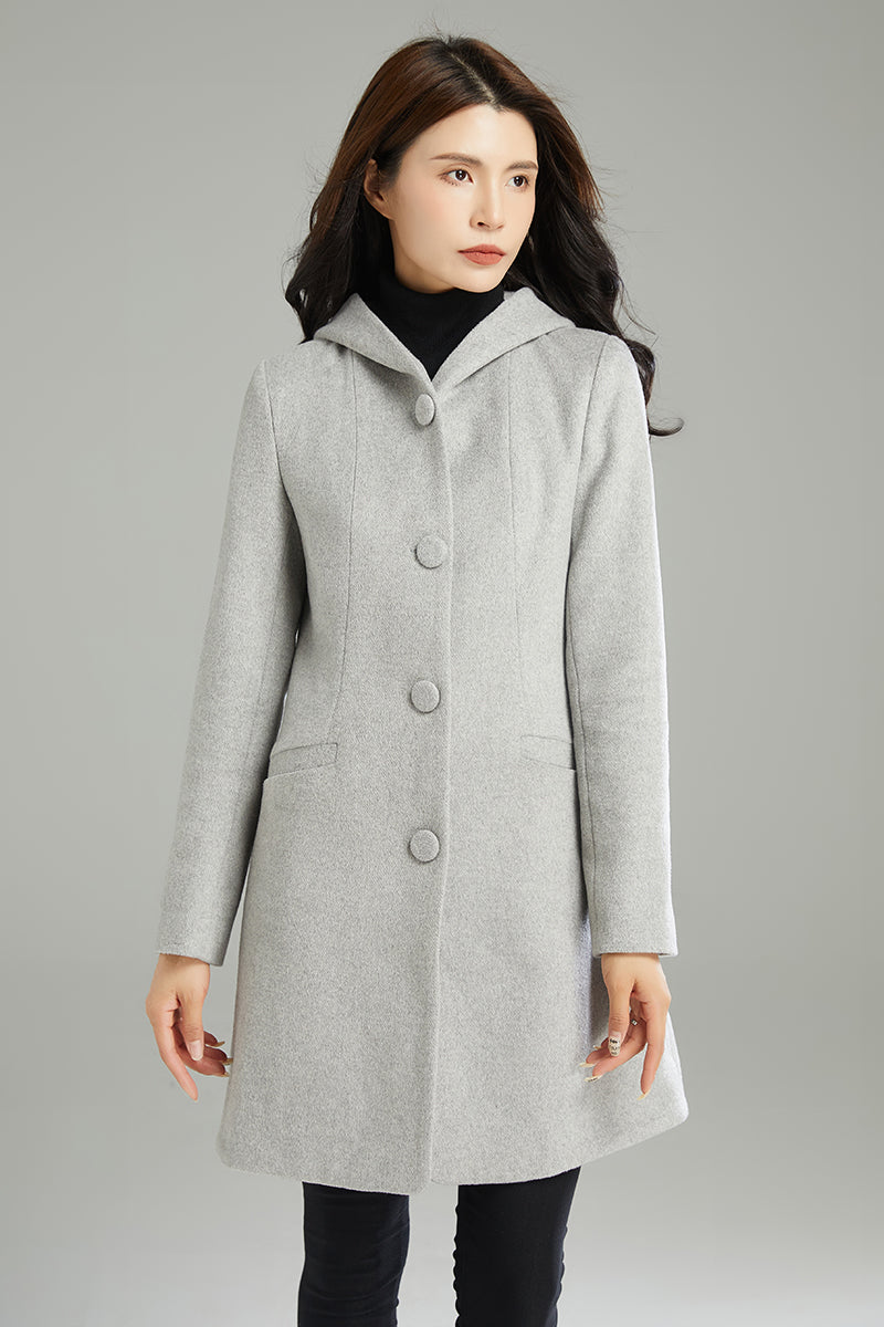 Winter Gray Hooded Wool Coat C2990