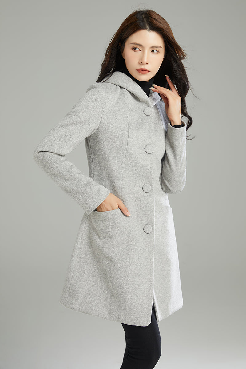 Winter Gray Hooded Wool Coat C2990