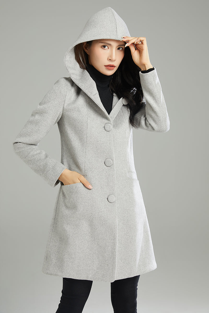 Winter Gray Hooded Wool Coat C2990