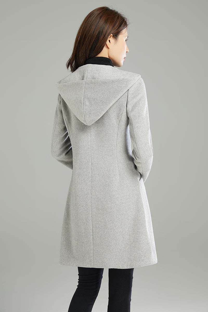 Winter Gray Hooded Wool Coat C2990