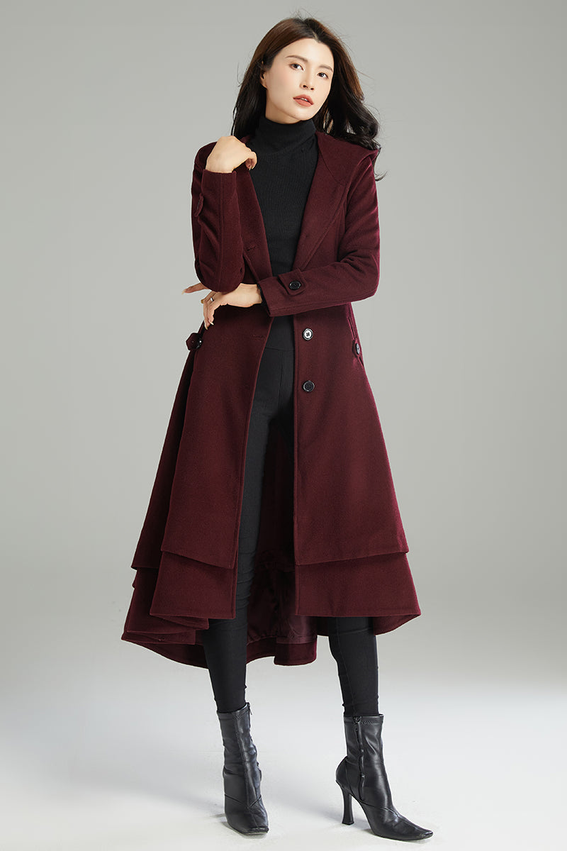 Wine red Hooded Wool Coat C2992#