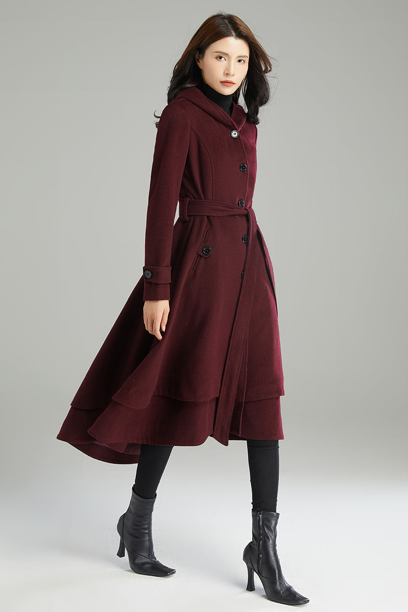 Wine red Hooded Wool Coat C2992#
