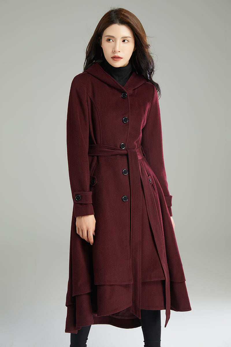 Wine red Hooded Wool Coat C2992#