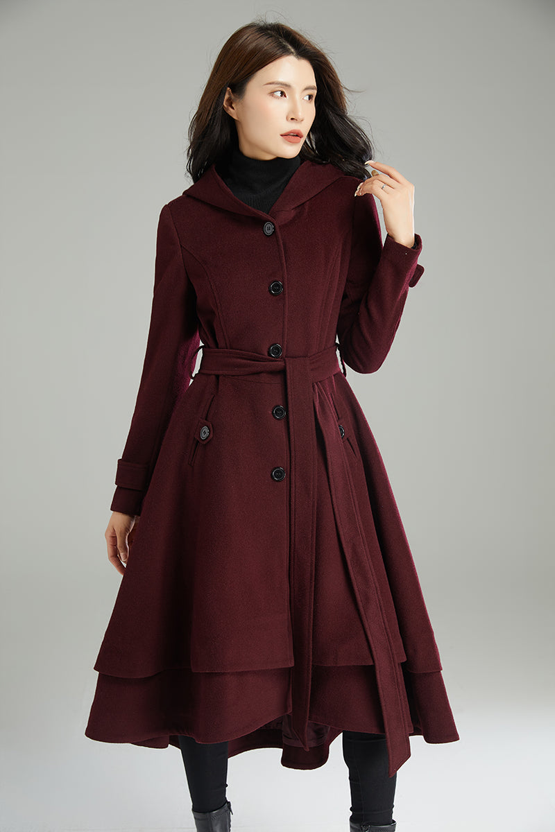 Wine red Hooded Wool Coat C2992#