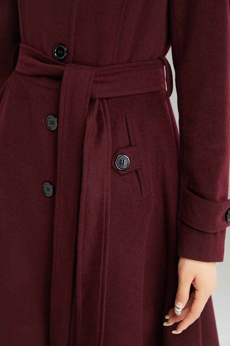 Wine red Hooded Wool Coat C2992#