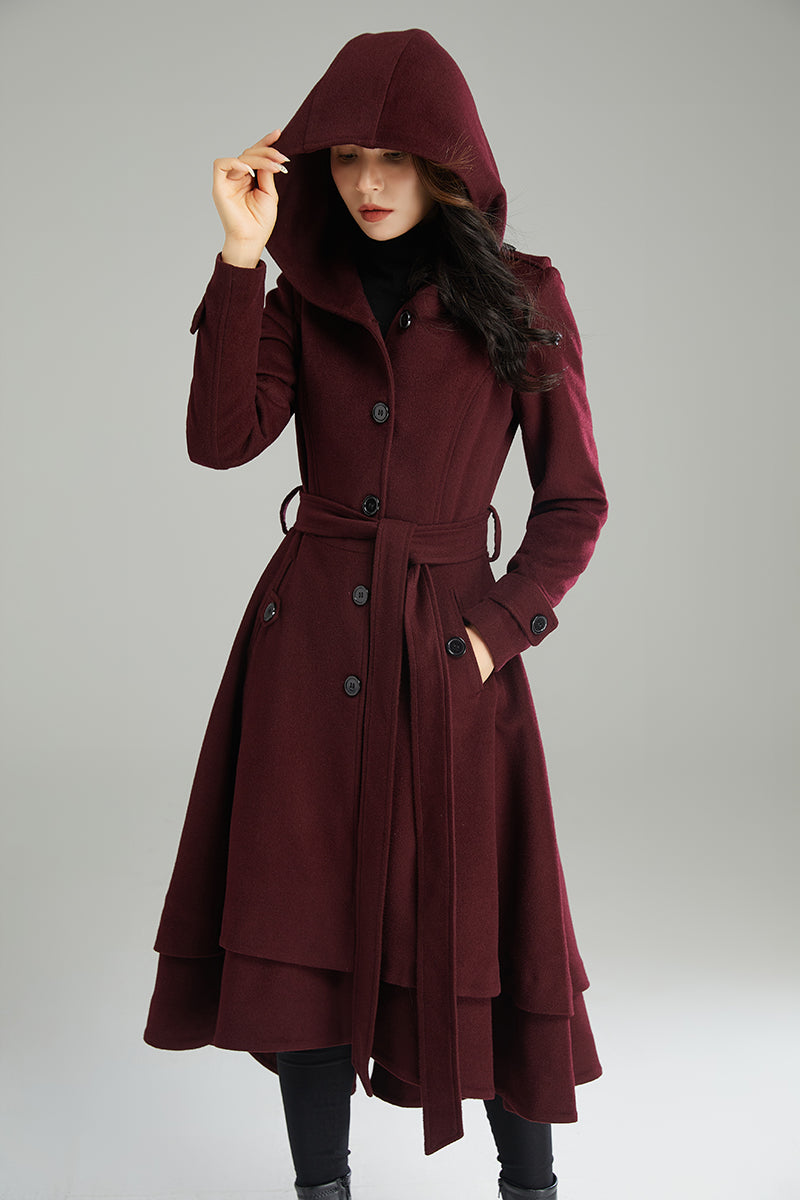 Wine red Hooded Wool Coat C2992#