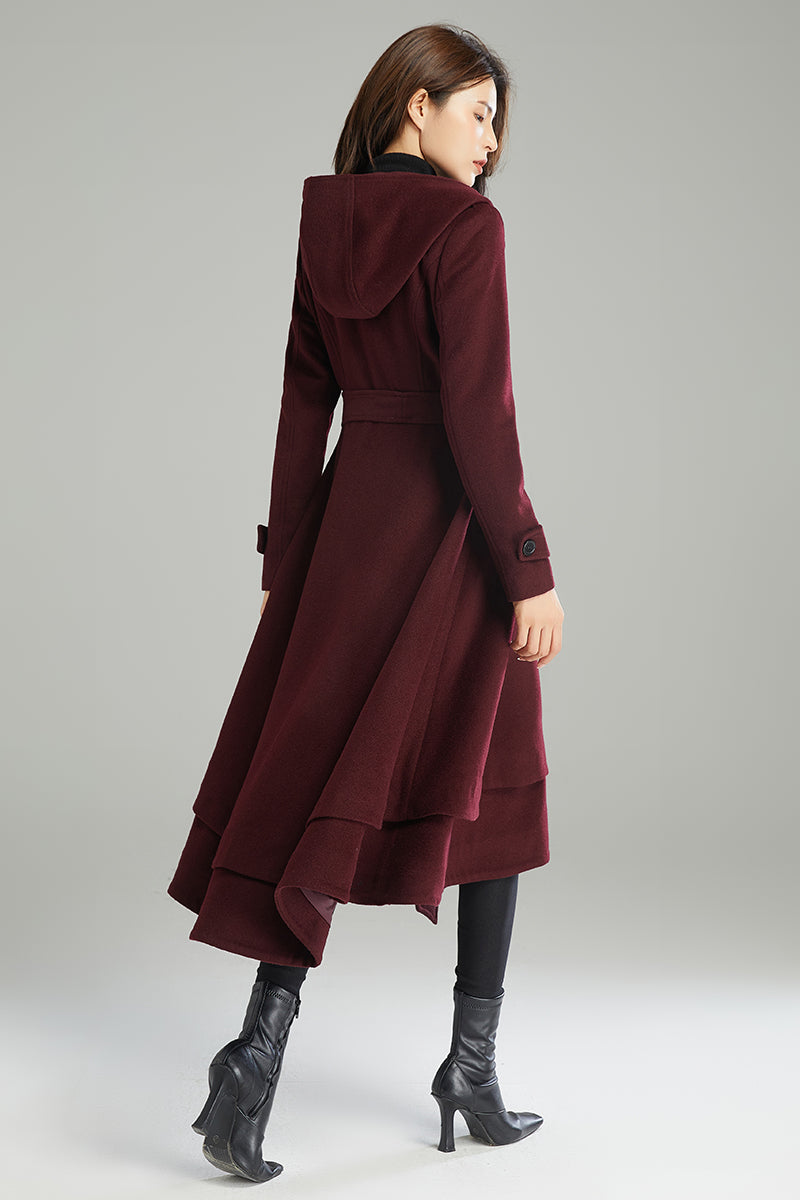 Wine red Hooded Wool Coat C2992#