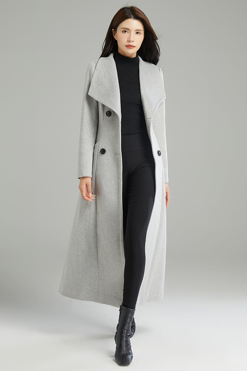Long Gray Double-breasted Wool Coat C2998