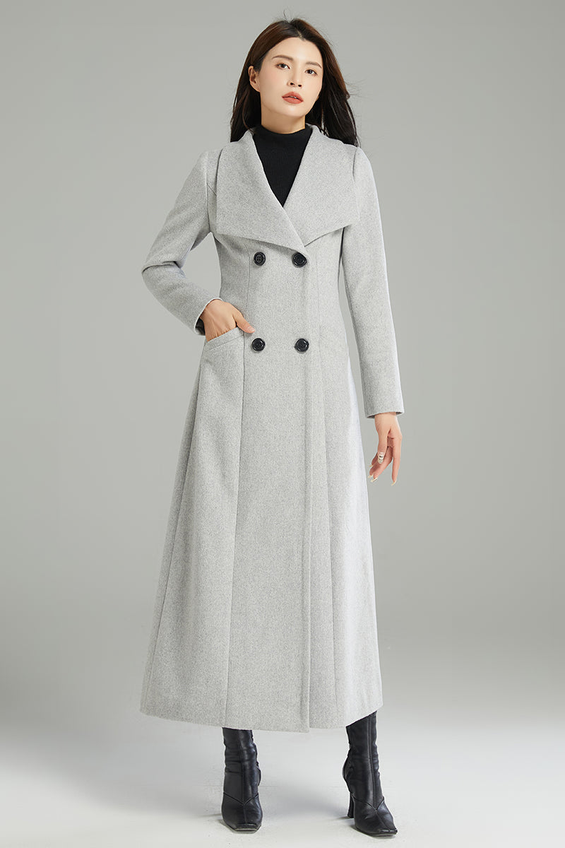Long Gray Double-breasted Wool Coat C2998