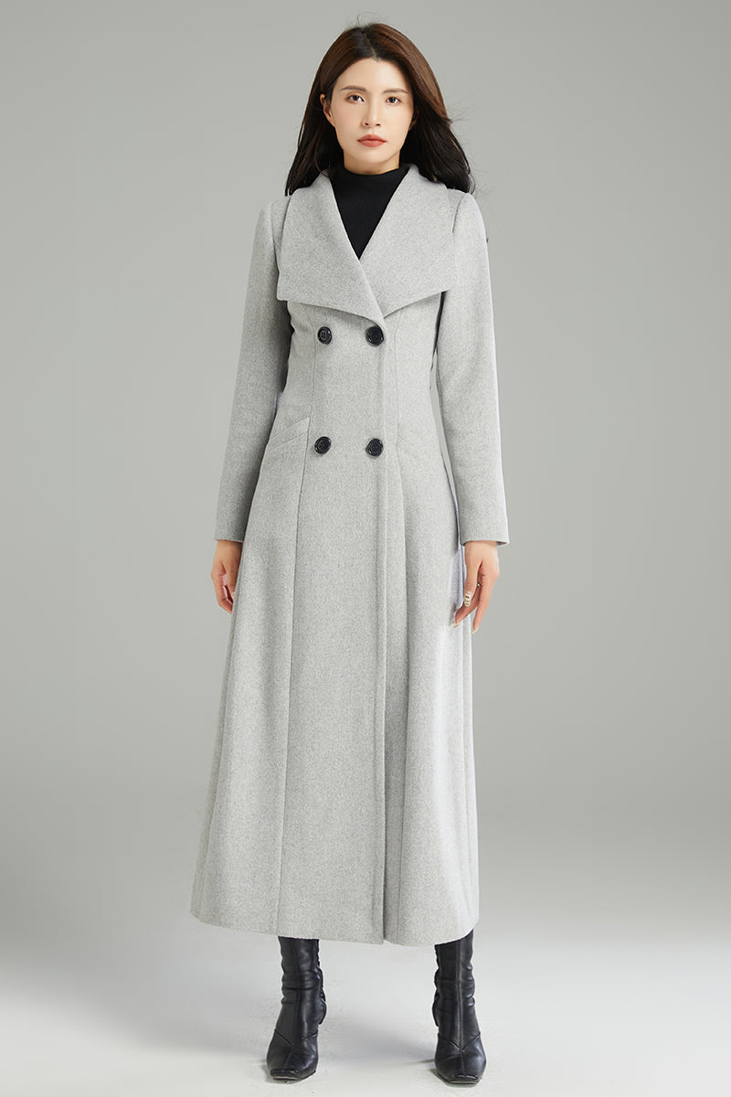 Long Gray Double-breasted Wool Coat C2998