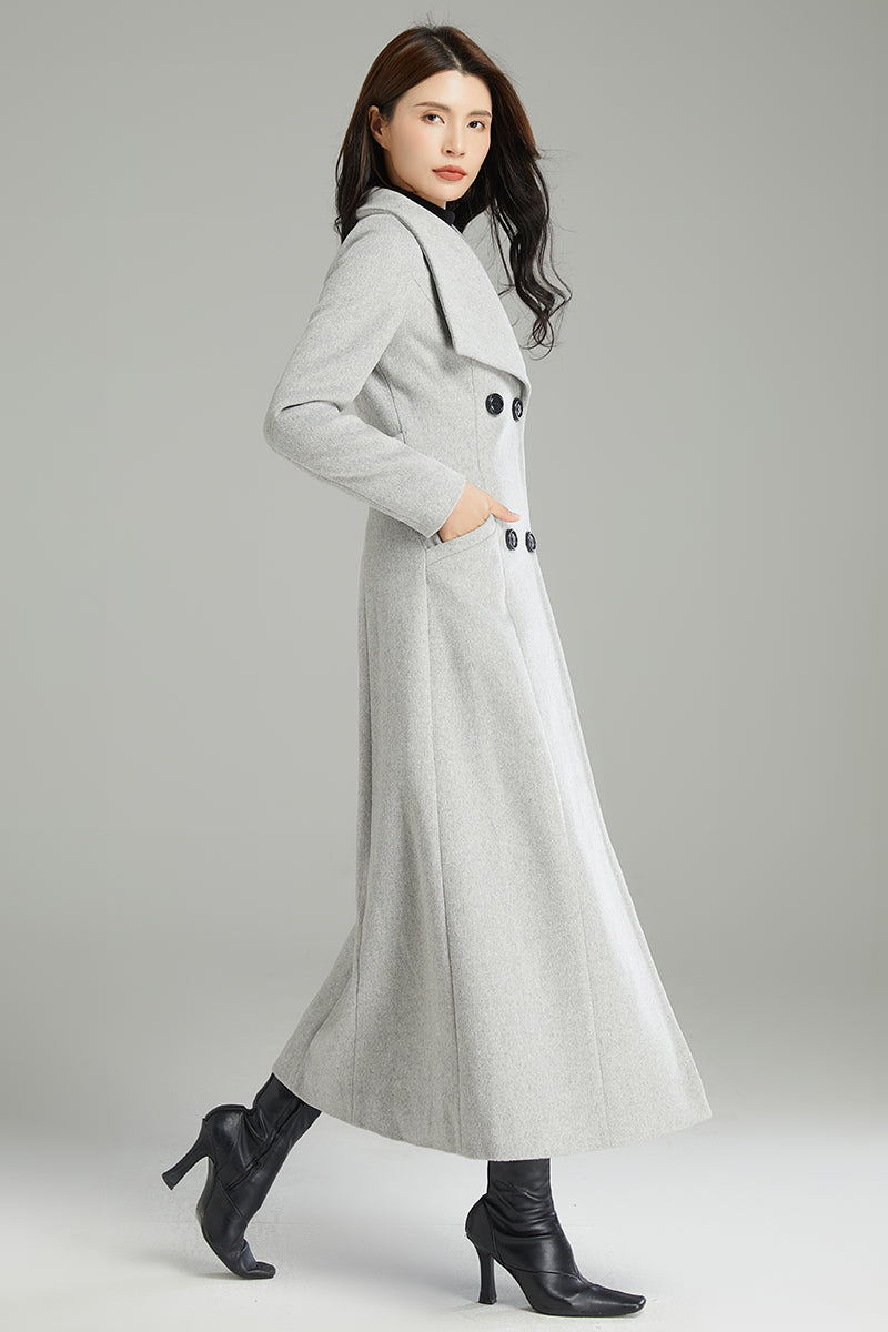 Long Gray Double-breasted Wool Coat C2998