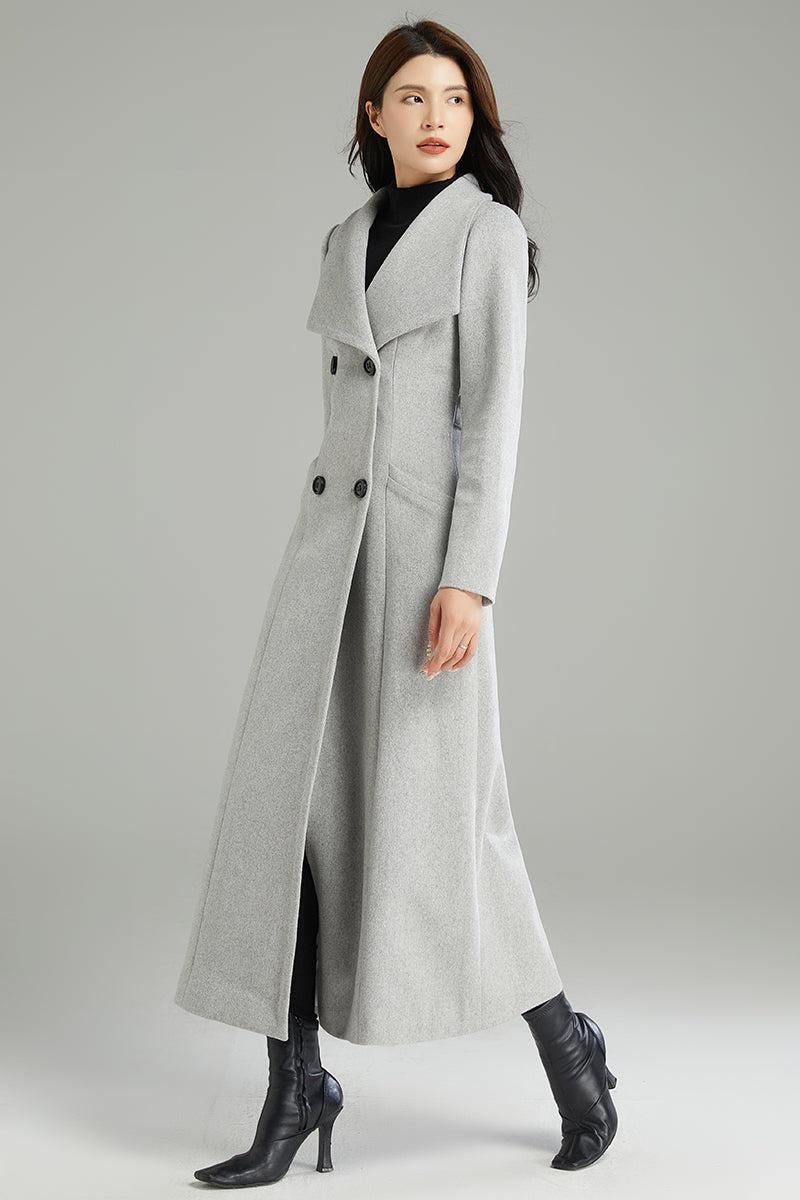 Long Gray Double-breasted Wool Coat C2998