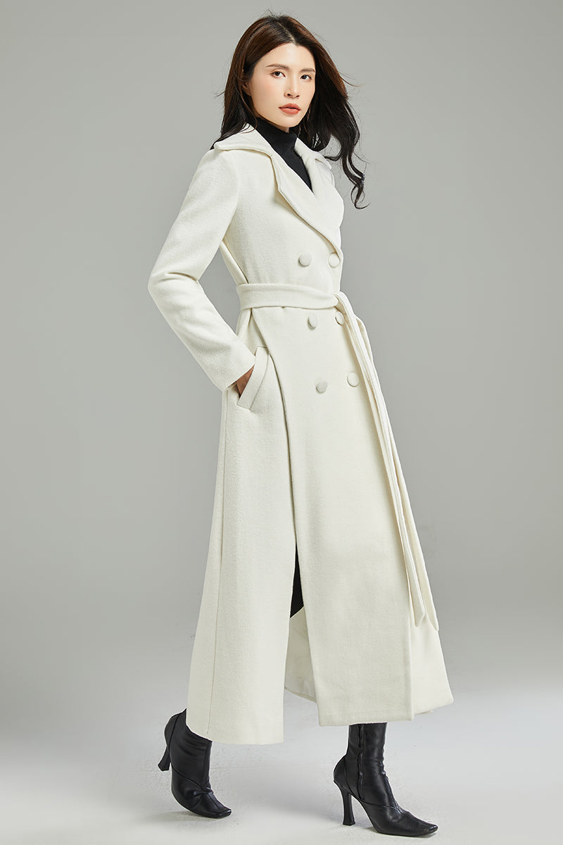White Asymmetrical Long Wool Coat C2997