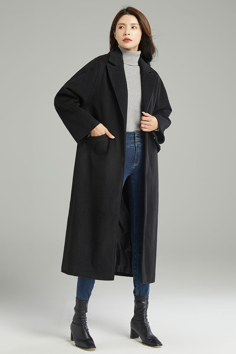 Women Black Casual Wool Coat C3002