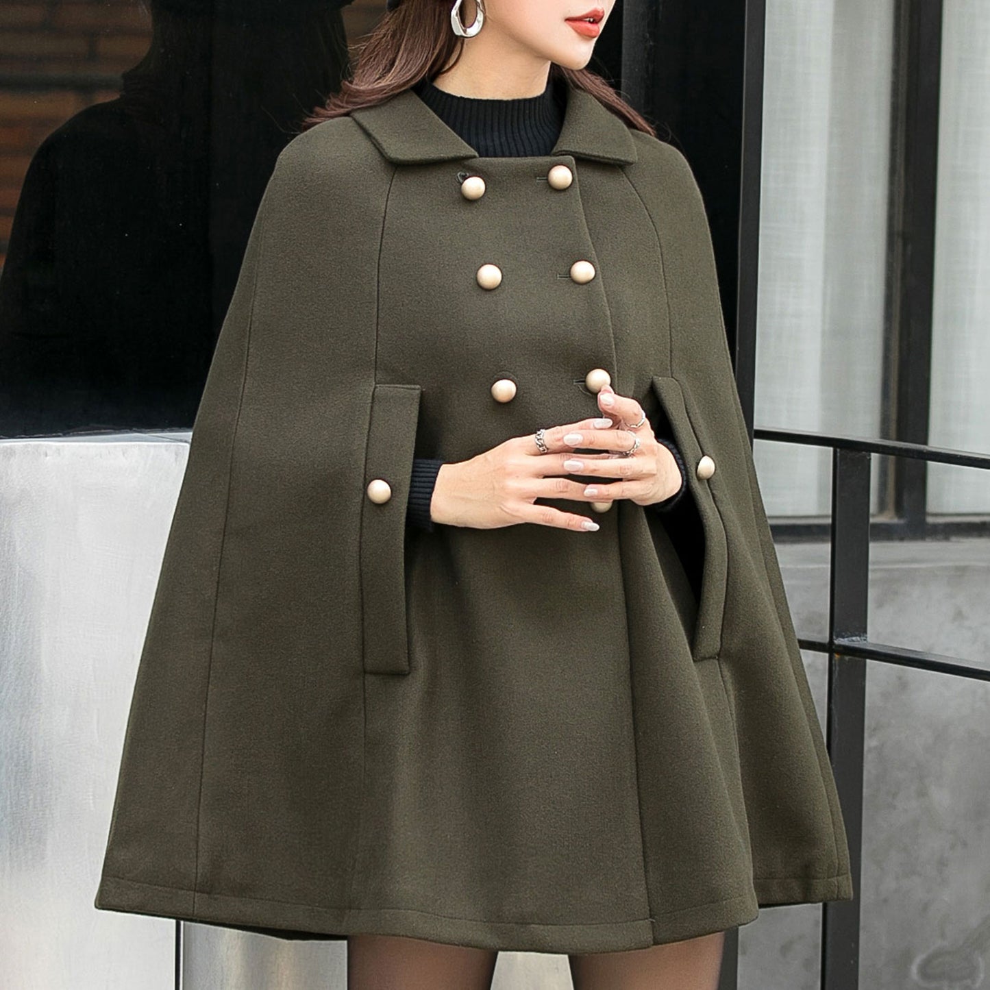 Army Green Thicken Wool Cape Coat for Women, Oversized Winter Cloak Coat C254101