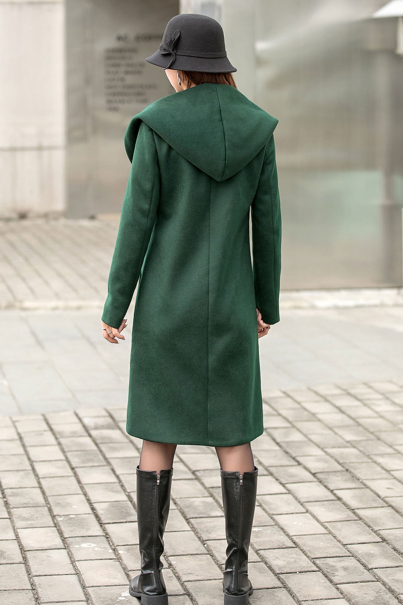 Winter Green Wool Coat with Hood, Long Wrap Coat C254201