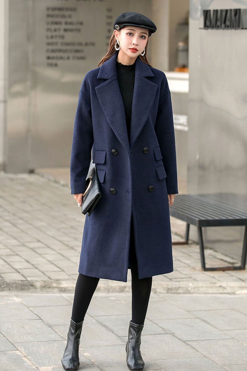 Navy Blue Long Wool Coat C2544#