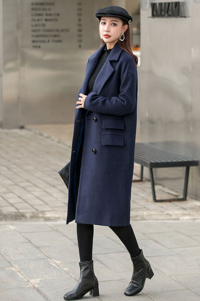 Navy Blue Long Wool Coat C2544#