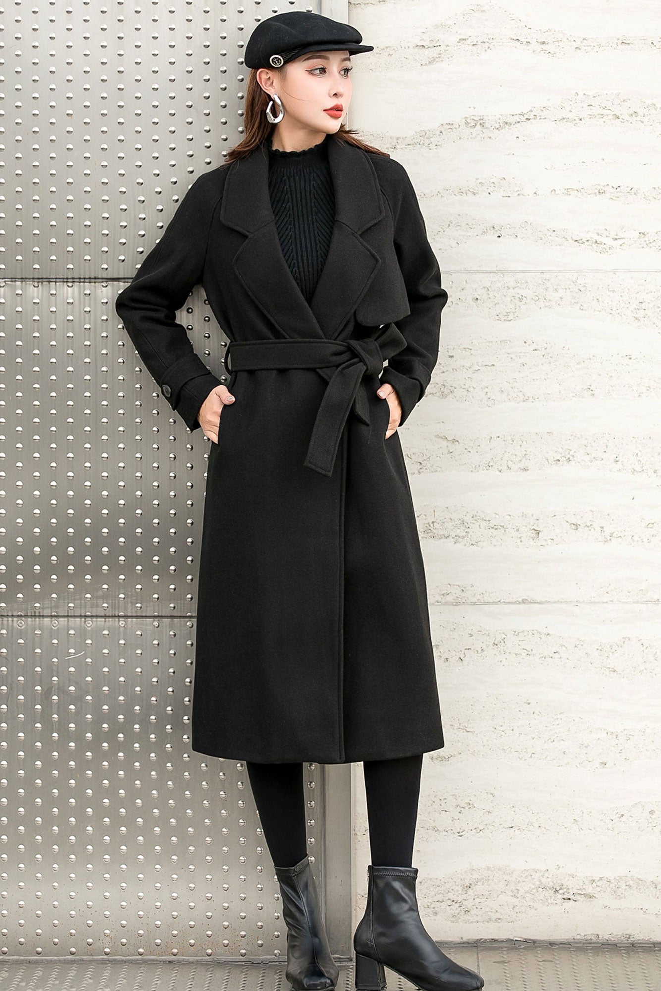 Belted Wool Trench Coat, Relaxed Fit Winter Fall Coat C254901