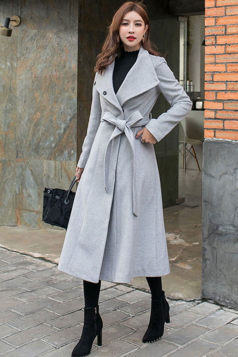 Women Grey Long Wool Coat C2575#